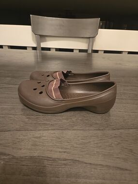 CROCS Women's Brown Slip-On Clog with Striped Ruffle